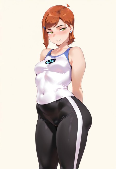 Un0 M4k0t0,
Gwen Tennyson (Ben 10)
1girls, small breasts, solo, green eyes,  standing, blush, simple background, arrogant smile, white top, yoga pants,