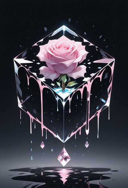 (masterpiece), best quality, Anime, Illustration, (Floating Cube, Crystal, Magic, Reflection, Melting, Dripping, Pink Rose), Black Background, No Humans, Starry Theme, (Light Refraction), White and Pink Theme, Natural Lighting, Verynsty