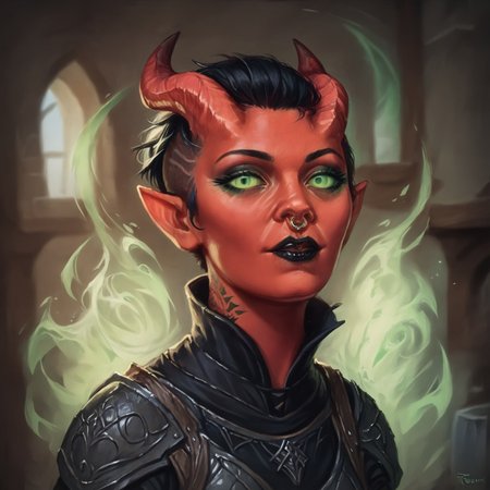 (((beautiful, high quality))), upper Body, woman, goth, short hair, undercut hair, green eyes, score_9, score_8_up, score_7_up, Tiefling, pointed ears, horns, colored sclera, 1girl, red skin, black armor, green energy, looking at the viewer, posing, dynamic pose, blurred background, in the style of jeff-easley, oil painting, realistic, tattoos, black hair, piecings, black lipstick, black makeup, symmetrical horns, nose ring, lips closed, solo,