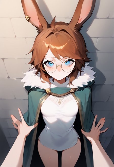 score_9, score_8, score_7_up solo BREAK 
1girl, BREAK small breasts, seductive look,by yuio, <lora:yuio_style_PONYXL:1.3>,<lora:Mizah_style:1>,
BREAK  TracerOv2,1girl,brown eyes,freckles,swept bangs,piercing,spiked hair,ear piercing,Pov against the wall, no sex, aurora (league of legends), 1girl, solo, blue eyes, rabbit ears, rabbit tail, round eyewear, green cloak, fur trim