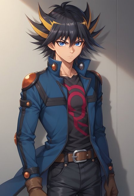 score_9, score_8_up, score_7_up, source_anime, highly detailed, 
yusei, 1boy, male focus, gloves, solo, multicolored hair, black hair, spiked hair, blue eyes, belt, brown gloves, streaked hair, jacket, shirt, open clothes, hair between eyes, open jacket, black shirt, closed mouth, print shirt, bangs, blue jacket, blonde hair, black pants,
