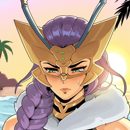 highres, best quality, masterpiece, very aesthetic, newest,1girl,solo,queenbeemon,antenna,purple hair,braided ponytail,hair ornament,green eyes, <lora:QueenBeemonIllustrious:1>,  cropped,portrait,close-up,sad,tear,outdoors,beach,sun,palm tree,jujunaught