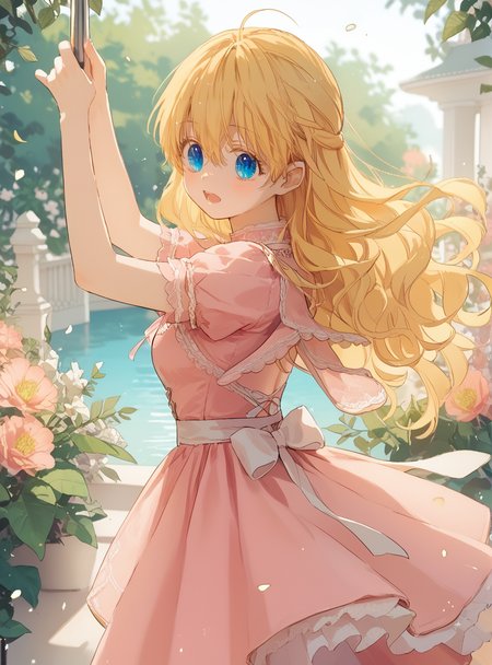 score_9_up, score_8_up, score_7_up, (Anime_source), open mouth, in garden, looking at viewer, <lora:Athanasia_-_Who_Made_Me_a_Princess_-_PONY-Kaleid:1> athanasia, 1girl, blue eyes, long hair, blonde hair, hair between eyes, bangs, medium breasts, pink dress, (clothes lift), from behind