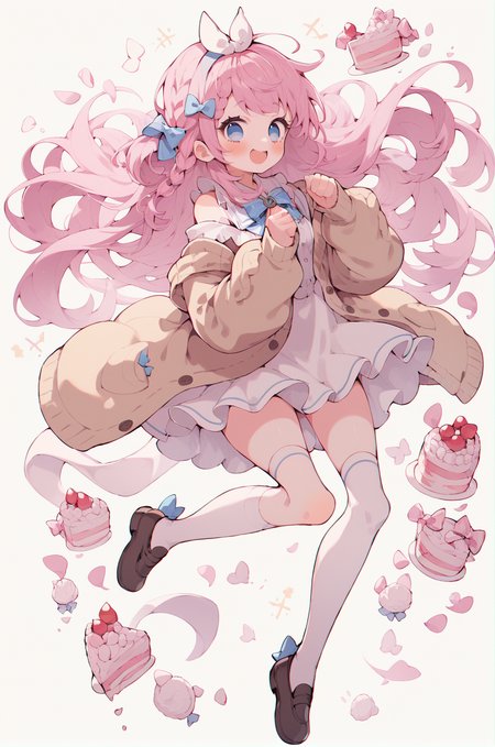 score_9, score_8_up, score_7_up, score_6_up, 1girl, solo, bangs, side braid, blue eyes, happy, blush, bow, dress, cake, full body, hair bow, open cardigan, off shoulder cardigan, long hair, long sleeves, pink hair, shoes, socks, thighhighs,  <lora:Uekura_eku_Style-000009:0.8>, dynamic pose, simple background, full body, (jumping),