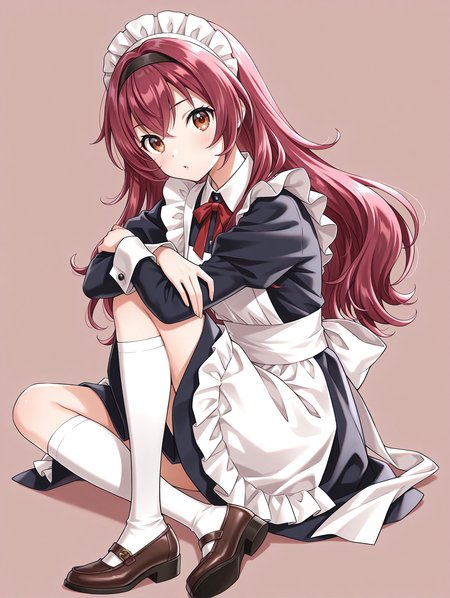 masterpiece,best quality,newest,
1girl,solo,
<lora:koishikawa_ema_ilxl_v1.0:0.8>,k_ema,hairband,long hair,red hair,brown eyes,
<lora:Fixhands_anime_bdsqlsz_V1:1>,looking_at_viewer,simple_background,white_background,full body,sitting,maid,