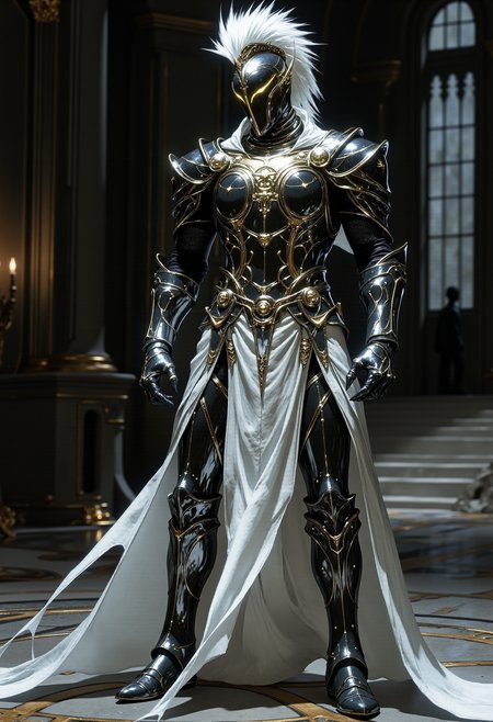 Create an image of a majestic warrior, inspired by Achilles the central character in Homer's Iliad, wearing a futuristic, metallic armor with a complex, segmented design. The armor should have multiple plates and reinforcements, combining both ancient and modern aesthetics. The helmet should have a striking crest reminiscent of ancient Greek soldiers, yet designed in a sleek, modern style. The shoulders and arms of the armor should feature additional plating with gold accents. The warrior should wear a long, flowing white cape, adding a touch of royalty. Set the scene in a dark, grand hall with high, arched windows in the background, combining elements of ancient grandeur with a futuristic atmosphere. The overall appearance should exude strength, nobility, and a harmonious blend of the old and the new.