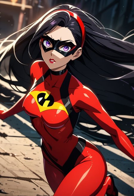 1girl, violetparr (/The Incredibles)/,(ultra HD quality details), black hair, long hair, hairband, purple eyes,
red bodysuit, mask, solo,  black choker, eyeliner,  gorgeous lips, cinematic, (masterpiece), (best quality), (ultra-detailed), very aesthetic, illustration, perfect composition, intricate details, absurdres, detailed face, hipattack, jumping, motion blur, depth of field, (anime, masterpiece, intricate:1.3), (best quality, hires textures, high detail:1.2), (4k),(incredibly detailed:1.4) 
high contrast, dark room, shiny neon, bright colors, dark shadows, detailed skin, eyeshadow, nsfw,