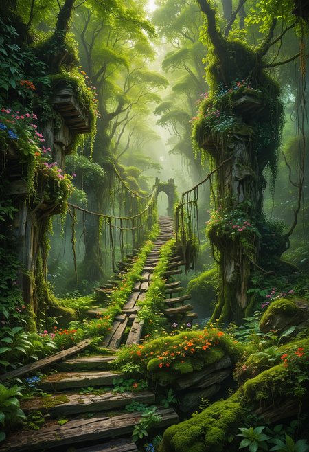 A stunning scene of a mystical overgrown forest with a broken wooden bridge suspended by vines, The bridge covered in lush green foliage and colorful flowers, stretches precariously between towering moss-covered rock formations, soft ethereal light filters through the dense canopy, casting dappled patterns on the ancient and weathered planks, enchanting and otherworldly atmosphere, glowing bioluminescent plants illuminating the path ahead, <lora:MJ52:0.3>, <lora:SDXLFaeTastic2400:0.4>, <lora:add-detail-xl:1>, <lora:NicolaSamori:0.6>