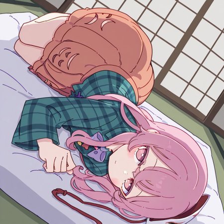 masterpiece, best quality, very aesthetic, absurdres, artist:kame \(kamepan44231\), by kame, kame_official, 1girl, hata no kokoro, aqua shirt, blush, closed mouth, hair between eyes, long hair, long sleeves, lying, on side, lying on futon, looking at viewer, mask, mask on head, orange skirt, pink eyes, pink hair, plaid shirt, pleated skirt, shirt, skirt, sliding doors, solo, tatami, upside-down, futon, sleepy