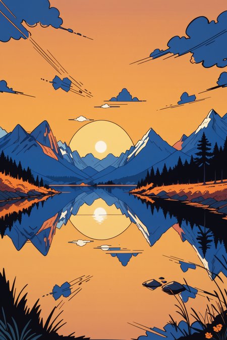 no humans, scenery, outdoors, mountain, sunset, sky, cloud, nature, lake, mountainous horizon, water, sun, landscape, reflection, tree, orange sky, rice paddy, a_Comic_Illustration, rough lines with ink, (drawn:1.1), (sketch:1.5), (crosshatching:1.25), (comic style:1.1), graphic novel style, sharp lines, hires, zstyle, (western comics \(style\):1.1), (hatching \(texture\):1.2), zPDXL, Mr_Monster_Possitive, <lora:Expressive_H:0.5>, score_9, score_8_up, score_8_up,