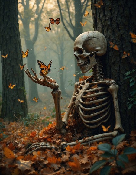 In a twilight-drenched forest, where time has forgotten its keepers, a lone skeleton rests within the golden-brown leaves. Its bones, weathered and partially consumed by nature, tell a silent tale of a life lost yet not forgotten. Monarch butterflies, their wings glowing with an ethereal shimmer, flutter around the skeleton, some perching on its outstretched hand as if exchanging whispers of old memories. The surrounding trees stand tall, their bark rough and ancient, with traces of fog lingering between them. The air carries a sense of both sorrow and beauty, the cycle of life and death woven into the forest’s embrace. The composition captures a dreamlike, painterly quality—every detail meticulously crafted, from the tiny cracks in the bone to the delicate veins of the butterflies' wings. Soft, moody lighting, hyper-realistic textures, cinematic depth, dark fantasy theme.
 <lora:realism_lora_comfy_flux_converted:0.7> <lora:FluxDFaeTasticDetails:0.3>