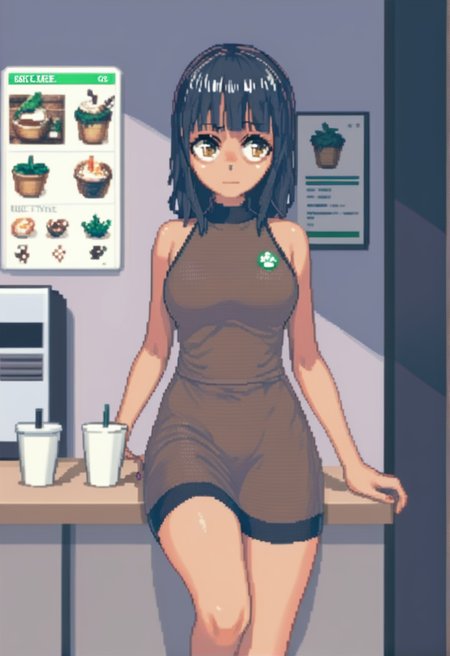 source_anime, score_9, score_8_up, score_7_up, score_6_up, score_5_up, score_4_up, 1 girl, solo, <lora:Tsuneyo_from_LiL_PonyXL:1> tsuneyo, breasts,, <lora:cone:1> c0ne, pixel art,(At the Coffee shop, One leg crossed over the other while seated),