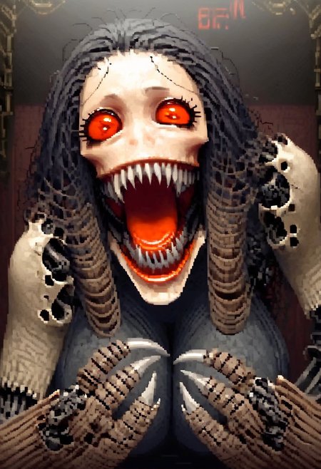 Expressive, score_9, score_8_up, masterpiece, 1 woman, solo, machine woman, horror, long sharp metal claws, stepford wife, beautiful woman, machine skin, jagged teeth, exaggerated smile, dark room, flickering light, detailed background