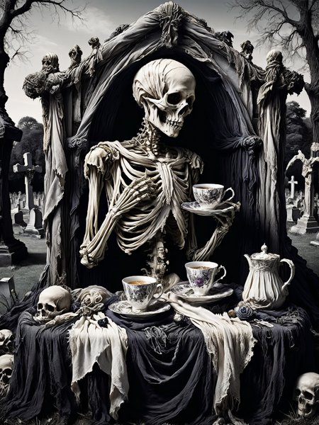 A skeleton enjoying a picnic in a graveyard, its bony fingers delicately holding a teacup draped in a shadowy linen napkin. <lora:Shadowy_Linens:0.8>, <lora:EnvyBetterHiresFixXL01:0:hr=1>