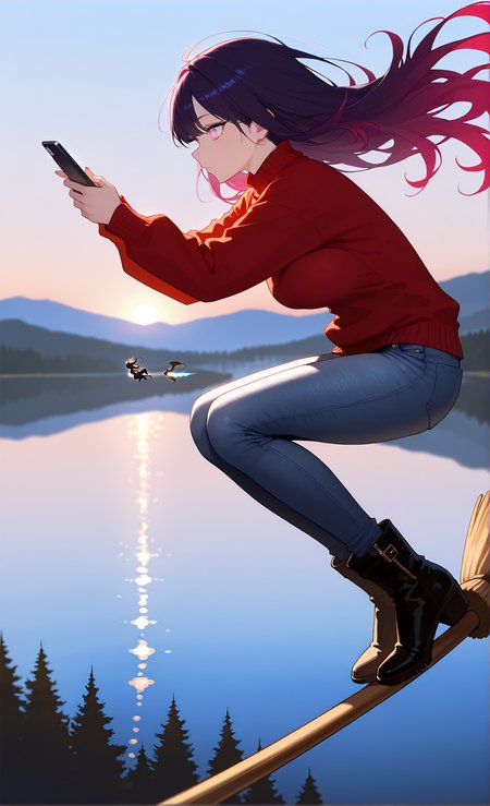 masterpiece, sharp detail, 1girl,   detailed eyes, gradient eyes, highly detailed hairs,  broom surfing, from side, standing, legs together, jeans, long hair, floating hair, boots, sweater, checking cellphone, lake,  <lora:Bloom Surfing:0.8>