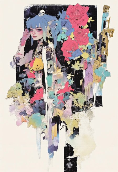 (Highly detailed, semi-realistic anime style, toxic colors, luminous colors, translucent and transparent colors, bioluminescent, futuristic, surreal, provocative, intricate textures, glowing skin, reflective materials, ink-painting,, ink wash,, ink wash painting,, white background,, By Phandigrams, ktrip) A digital illustration of a young woman with long, flowing translucent neon blue hair with luminous green highlights. She has glowing iridescent pale skin, large toxic purple translucent eyes, and a slender yet curvaceous figure. She wears a provocative French maid costume made of transparent reflective fabric in acid green and translucent magenta with toxic yellow lace trim, tightly cinched to emphasize her glowing hourglass shape.
She reclines against a backdrop of bioluminescent roses in electric blue, radioactive pink, and neon lime green, fully covering the scene with a toxic glow. The semi-transparent petals have luminous edges, adding depth and texture.
She holds a large translucent plasma rifle with glowing circuits, resting it against her body. Her other arm drapes over her head, hand on her luminous forehead, radiating casual confidence. The palette features acid greens, electric blues, luminous magentas, and glowing yellows, enhancing the futuristic, cyberpunk, gothic, erotic, anime atmosphere. Extreme detail in glowing skin, transparent clothing, reflective surfaces, and bioluminescent flora defines the composition.