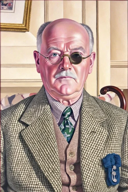 sspencer1 painting.
A painting of an elderly man with a distinguished appearance. He is depicted in a formal, seated position, wearing a three-piece suit. The suit's jacket is a beige and brown houndstooth pattern, with a subtle texture that suggests a wool fabric. Underneath the jacket, he wears a light-colored shirt with a subtle checkered pattern and a tie featuring a green and white design. He is wearing a monocle. <lora:sspencer1_cap_d6a3:1.0><lora:832100985615766473:0>
