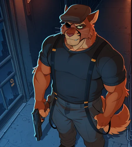 roly, jinu, (solo), anthro, furry, male, manly, viktor vasko, muscular, bara, shirt, pants, hat, suspenders, night, street, dark, dark theme, high-angle view, standing, gun, 
BREAK masterpiece, best quality, amazing quality, very aesthetic, high resolution, ultra-detailed, absurd res, newest,   <lora:ViktorVasko:1>