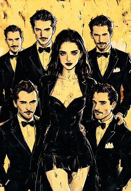 men in tuxedo fondling a small woman in a cocktail dress with, flirting, crowd, the woman is the center of attention for a group of men men, men touching a woman, cocktail party,  rose