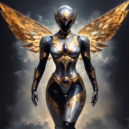 Art Deco-inspired superhero, costume incorporating geometric patterns and metallic elements. Backdrop of stylized city skyline, dynamic pose emphasizing strong silhouette. Ray gun with chrome finish, helmet with wings motif. Comic book cover layout with bold typography, color scheme of gold, silver, and deep jewel tones. core_9, score_8_up, score_7_up,  <lora:Art_DecoPony:1> ArsMJStyle, Art Deco