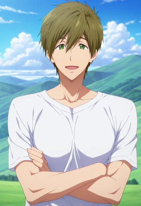 masterpiece, best quality, , anime screencap, anime coloring, official style, looking at viewer, 1boy, solo, male focus, <lora:makoto_tachibana_ilxl:1>, makoto_tachibana, brown hair, green eyes, hair between eyes, tachibana makoto, rule of thirds, hill, day, clouds, arms under breasts, :D, ,