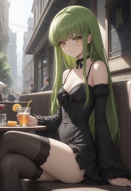 score_9, score_8_up, score_7_up, score_6_up, dynamic, (anime, masterpiece), best quality, (8k), detailed background, 1girl, adult, small breasts,
cute nose, black eye shadow, normal breasts, natural breasts, beautiful butt, close up, super detailed, super high quality, hyper detailed background, sexy, embedding:zPDXLxxx, crossed legs, street view, sits in a cafe in italy in the street, cinematic lighting, sharp focus, intricate, ambient lighting, Expressiveh, zPDXLxxx, zPDXL3, bralette, 
green hair, long hair, yellow eyes,bangs, choker, black dress, black bow, thighhighs,