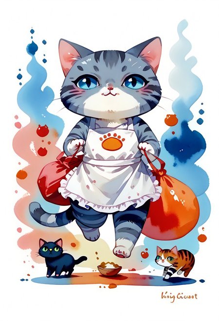 score_7_up, score_8_up, score_9, (full body:1.15), cat, animal kitten, chibi animal cat, Kus1cat, Chibi Art Style, furr, 
cute cat, game character, very cute, chef, watercolor style, watercolor, 
(gray striped cat with an apron running with a sack of flour:1.21),
(cute kitchen detailed background:1.23), HQ,