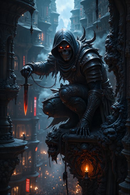 A hyper-realistic portrait, photorealistic photo close-up image of  Within the bowels of a colossal, underground city, a rogue with coal-black skin and sharp, glowing red eyes perches atop a crumbling stone gargoyle, overlooking the labyrinthine streets below. His leather armor, patched and worn from countless battles, clings tightly to his lean frame, blending into the shadows that stretch across the narrow alleyways and towering, stone buildings. Above, the ceiling of the cavern is barely visible, obscured by a thick layer of smoke and mist that swirls in slow, languid patterns, illuminated only by the occasional flicker of neon signs and torchlight. The air is heavy with the scent of damp stone and burning coal, and the distant sound of hammers striking metal echoes through the cavern like the heartbeat of the city itself. Below, the streets are alive with the murmur of merchants, thieves, and scavengers, their faces half-hidden by hoods and masks as they move through the labyrinth like ghosts. The rogueâs eyes scan the crowd, searching for his next target, his sharp senses attuned to every movement and sound. His dagger, glowing faintly with a deep, crimson light, rests in his hand, ready for action at a momentâs notice. The scene is one of quiet tension, where the shadows and light play a dangerous game of cat and mouse. (photography, high-resolution, dynamic, energetic,hyper-realistic, dramatic lighting, shallow depth of field.), detailmaximizer, MythP0rt<lora:midjourney_whisper_flux_lora_v01:0.55><lora:aidmaMJ6.1-FLUX-V0.1:0.4><lora:FluxMythP0rtr4itStyle:0.4><lora:detailed_flux_ntc:2.2><lora:aidmaImageUpgrader-FLUX-V0.1:0.65>