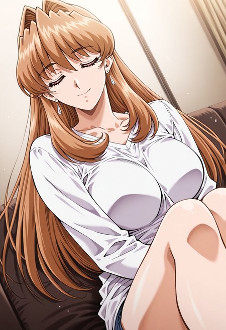 masterpiece, best quality, newest, highres, uncensored, 1girl, yokota mamoru style,motion lines,1girl,Sendou Nana,light Brown Hair, Long hair,Brown Eyes,Earrings,  sendou nana, light brown hair, long hair, brown eyes, 1girl, closed eyes, solo, long hair, smile, sitting, brown hair, dutch angle, long sleeves