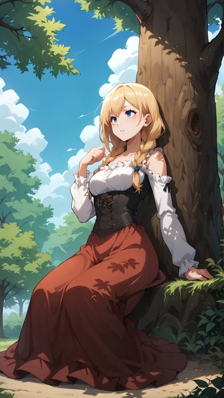 score_9,score_8_up,score_7_up,score_6_up, source_anime, zPDXL, <lora:xl_more_art-full_v1:0.5>, <lora:Wakfu_CartoonV02:0.5>, girl, blonde hair, twin braids, blue eyes, white frilled blouse, black corset, long dress, red dress, white sleeves,  <lora:Roxy Hart - Pony-000004:0.7>, lying against tree, outdoors, park, sunbeam, tree shade, trees, sunbeam through leaves, low angle, branch, tense foliage, sitting on ground, looking up in the sky,