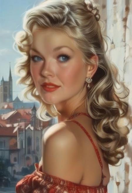 voluptuous attractive granny, 80 years old, blonde bouffant, very mature woman, very experienced, tight blouse, huge tits, plump rosy cheeks, nice smile, mascara, earrings, eyeliner 
red dress, big thighs, stockings and suspenders, huge ass,
Sitting on Lambretta, dress blowing up, looking back, Coventry Cathedral in background, gil elvgren style