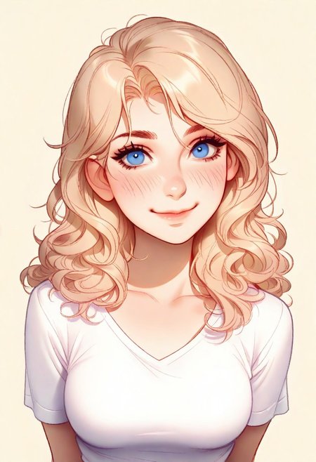 1girl, Lux(league of legends), blonde wavy hair, detailed blue eyes, big smile, medium breast, looking at viewer, 
shirt, 
(((beige background))), portrait,
masterpiece, best quality, very aesthetic,
artist : tsuaii,