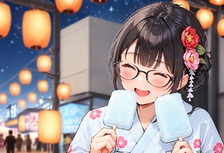 masterpiece, best quality, very aesthetic, absurdres,
1girl, solo, glasses, black hair, food, long hair, blush, holding, holding food, yukata, floral print, hair ornament, hair flower, hair bun, uchiwa, paper fan, paper lantern, night, blurry background, happy, laughing,
garigarikun, summer, night, paper lantern, 
<lora:garigarikun_SDXL_V1:1>