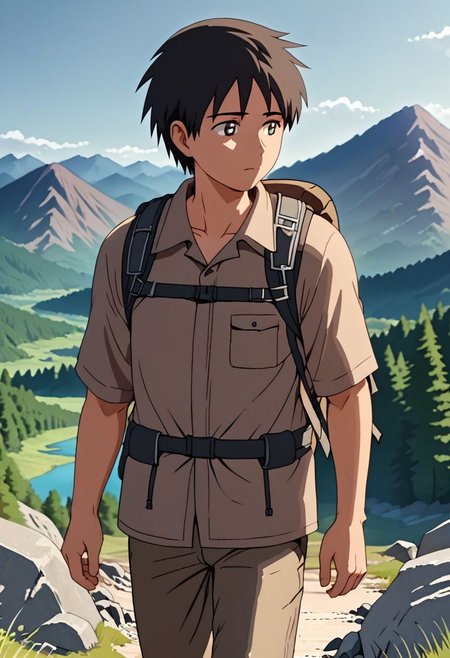 high resolution, solo, best quality, 1Boy, Takaki Toono, Brownish Hair, Brown Eyes, landscape, looking away, high mountain, hiking gear, shallow depth of field, OverallDetail