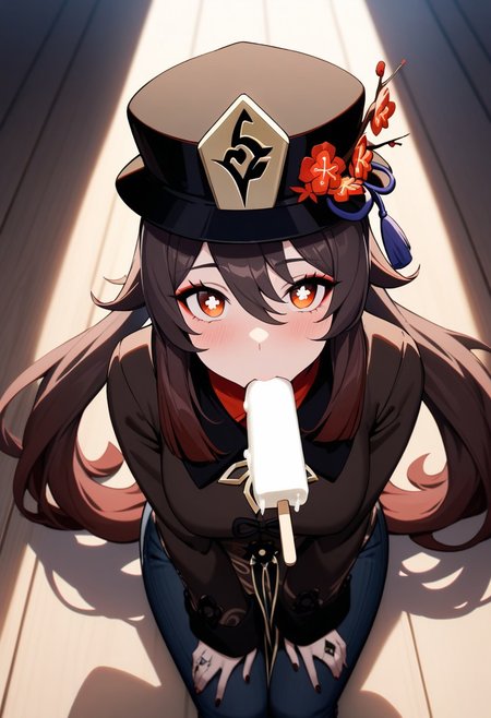 (masterpiece), (best quality), (ultra-detailed), 
1 woman, elegant face, 
light particle, particle, shadow, detailed lips , black detailed pupils, blushing, 
Hu tao, Genshin impact, twin tails, hat,
Masterpiece, from up view, indoors, colorful, moody lighting, makeup,  eyecontact, looking at viewer, black eyeliner,  cute, puffy pouty lips, 
sitting, simulated_felatio, oral, (popsicle), tongue, tongue_out, sexually_suggestive, open_mouth, saliva, saliva_trail, dripping, drool, naughty_face, motion_lines, dynamic, sweat, breasts_covered, impossible shirt, jeans,