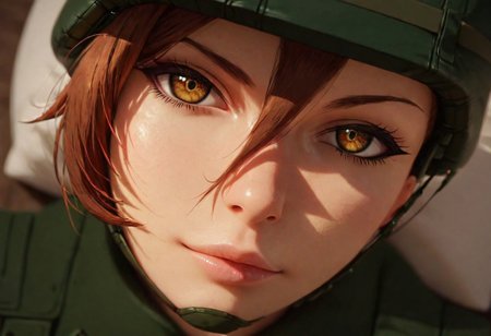 1girl,score_9, score_8_up, score_7_up,score_6_up, Expressiveh, 1dk, score_9, solo,  perfection, perfect hands, realism, zoomed out, full body view, smirk, relaxed, 
on bed,  
shiho, army, vest, helmet,