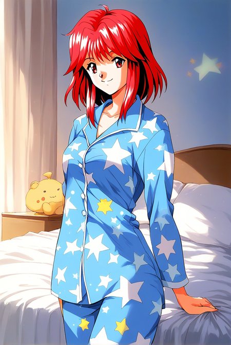 score_9, score_8_up, score_7_up, source_anime, rating_explicit, BREAK  <lora:Asahina_Yuko_XL:1> AsahinaYuko, red hair, medium hair, red eyes, bangs, sidelocks, breasts, solo,
1girl, solo, light blue pajamas, 1990s (style), 
star print, long sleeves, standing, star (symbol), long hair, smile
cowboyShot,
bed room,