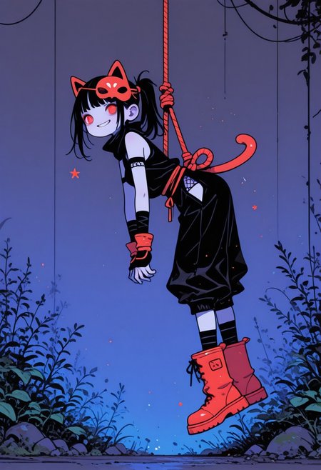 highres, very detailed, amazing quality, masterpiece,
very aesthetic, RBL-Illu, Flatline, Flat vector illustration,
particle effect, Cinematic, (flat lighting, flat color, flat design, no lineart:1),
1girl, beautiful eyes, ninja, pale skin, red eyes, ninja outfit, ninja pants, red rubber boots, red kitsune mask on head,
BREAK,
ninja theme,  
confident grin, 
hanging from rope, hanging up-side down,