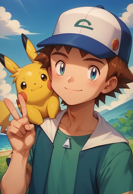 score_9, score_8_up, score_7_up, source_anime, highly detailed, 1boy, solo, male_focus, skinny, cute, short neck, 
richie2, solo, hat, smile, closed mouth, baseball cap, brown hair, pokemon (creature), on shoulder, pokemon on shoulder, outdoor, posing for a photo, v sign,