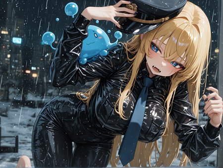 long_nails, masterpiece, revealing the chest., nail_polish, light skin, Holding a hat, 1boy, very long hair, ambient occlusion, impossibly large diamond, dreamcore, snow, very aesthetic, large breasts, refracting the light of a binary sunset., highlighted hair, cowboy shot, absurdres, hanging breasts, Sheer jumpsuit with a tie-dye design, Rainy Night (Wet reflections), motion_blur:1.1, RTX, 1girl, absolutely eye-catching, Sands-of-Time Hourglass, City carved into a single, blurry background, depth of field, motion_lines:1.1, fangs, barefoot, anime character, Mitsuko Kongou (A Certain Scientific Railgun), Dark Theme, amazing quality, 8K, newest, best quality, slime_(creature), In the style of 86, Honey blonde hair, ultra-detailed