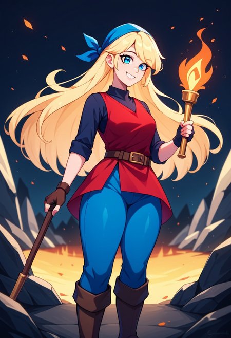 masterpiece, best quality, very aesthetic, absurdres,
score_9, score_8_up, score_7_up,score_6_up, score_5_up, score_4_up , 1girl, cadence, blue eyes, blonde hair, long hair, 
thick thighs, blue bandana, red tunic, fingerless gloves, brown boots, belt, blue pants,
standing,
smile, holding torch, cave background  <lora:CadenceIllustriousXL_byKonan:1>