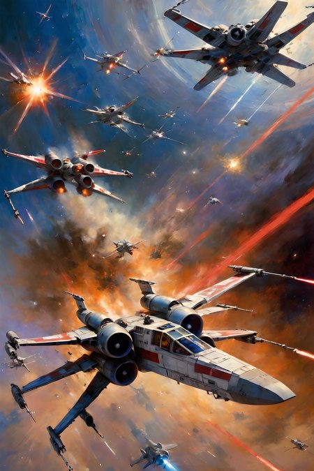 art by john berkey, a masterpiece, stunning detail, a rebellion X-Wing flying through the galaxy, firing red laser missiles, being chased by the empires tie-fighters, 