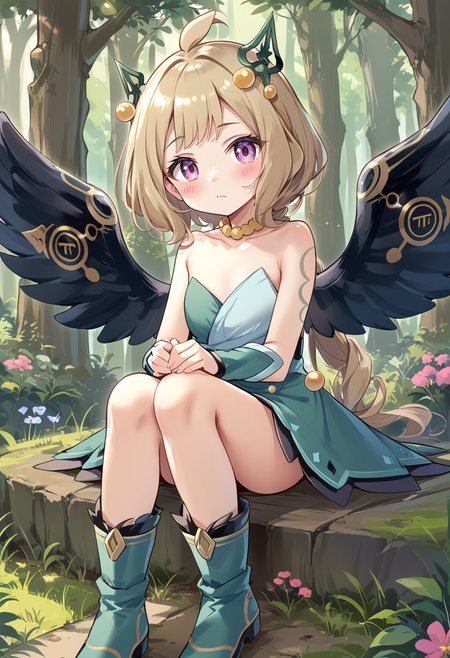 (score_9:0.9),score_8_up,score_7_up,rating_safe,anime style,(zPDXL),(zPDXL3),
<lora:Hugin the Runick Wings ponyXL v1:0.77>,hugin the runick wings,1girl,green strapless dress,blush,closed mouth,solo,looking at viewer,green hair ornament,collarbone,green knee boots,minigirl,yellow necklace,green vambraces,sitting,size difference,forest,