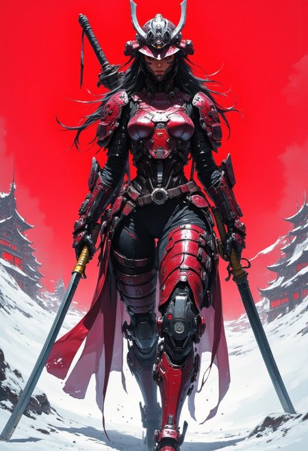 cyberpunk anime style, a stunning japanese female warrior, long flowing hair, wearing samurai armour and helmet, holding a katana with both hands on a snowy battlefield, theme in neon, red and black colour, high quality, highly detailed