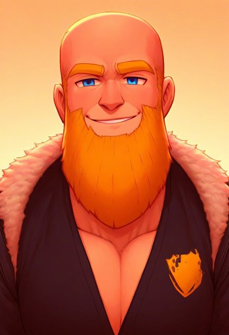 score_9, score_8_up, score_7_up, score_6_up, score_5_up, score_4_up, rating_questionable <lora:wolfconf_style_1:1, <lora:add-detail-xl:1.5>, Bright Blonde Bald, Closeup, Bust portrait, (In The School/School Background, School Gym, School Scenery), 1boy, {Strong Triangular Jawline}, bodybuilding, {massive pectoral}, {beefy muscle}, Tall, Goliath, Rugged Features, Chiseled Features, Mature Male, 40-Year Old Man, {Thick Bright Yellow Eyebrows}, Jacket, Blue Eyes, Brawl Stars Style, Saying Hi, Closed Mouth Smile, Highlights, Neutral Lighting, {Low Contrast Color}, {very long big beard}, Cool Lighting, <lora:Cruz'sBeardedMan:1>