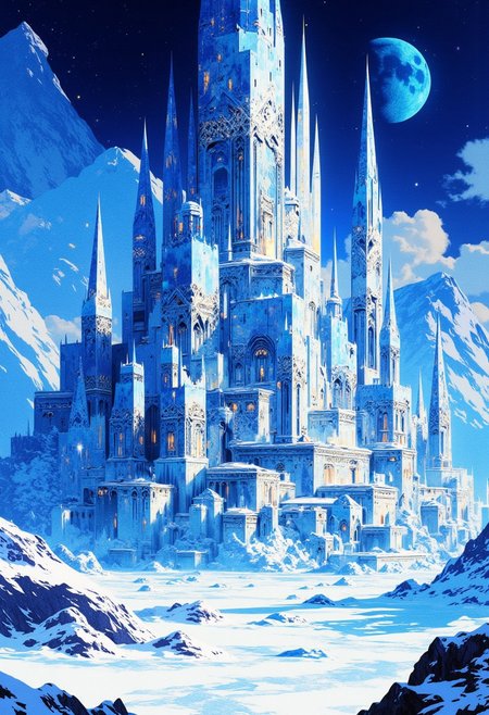 Inkpunk Anime, blue and white theme, Abstract digital painting in the style of ck-js, icy snow-covered landscape landscape, a glittering fantasy city, with high towers of alabaster and marble, nestles in an icy, snow-covered plain, with snow-capped mountains behind.  The sky is a dark blue, with a moon hanging low in the horizon