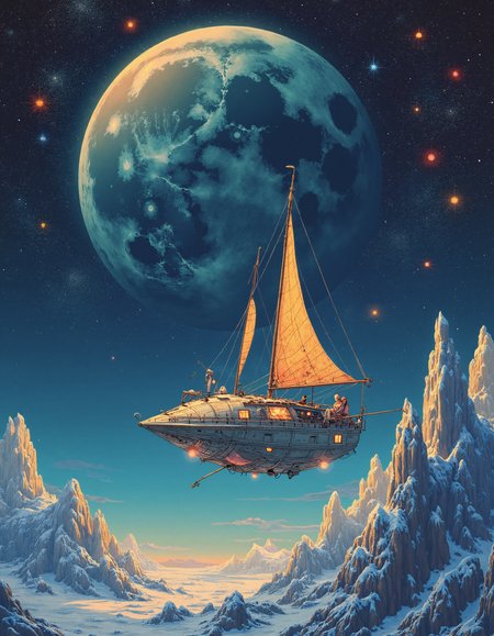 comics art by Grant Morrison and Sol LeWitt, In every dim glow from an ancient celestial arc of the galaxy is accompanied in vibrant shades, making the sight impossible. A gleamhouse hovering on an enormous moon hoverlounges through icy expanse. Bean sails engulfer in nexli, revealing shimmers, cosmic energy woven tightly together with intricate geometric shapes as these interconnected stars orbit across each dimension's surface depth and complexity to perfection. , contemporary fine detail, highly intricate, fine polished, magical composition, beautiful composition, Pin-up art, glamour illustration, beautiful women, playful poses, iconic American imagery, Surrealism, fantastical, detailed