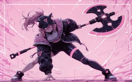 <lora:To be hero X - LoliX:1> lolix \(to be hero x\), 1girl, pink background, open jacket, white top, animal ears, closed mouth, hair between eyes, ponytail, black headwear, sports pants, single thighhigh, earrings, full body, battle axe, futuristic axe, dynamic pose, <lora:ck-nc-cyberpunk-IL:0.4> cknc, abstract background,  <lora:3Y3S_style:0.5> 3y3s_illu, 1girl, purples eyes, glowing eyes, dash