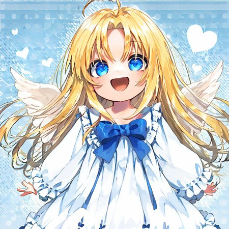 score_9, score_8_up, score_8, score_7_up, 
1girl, solo, AEFilo, blue eyes, blonde hair, ahoge, long hair, white wings, blue bowtie, white dress, frilled dress, frilled sleeves, long sleeves, barefoot, polka dots background, smile, open mouth, close shot, cute girl, looking at viewer,
cute, kawaii, hearts, heart in mouth,
