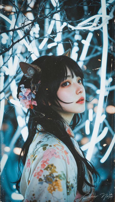 Neo Photorealistic Art Style, A Japanese girl with fox ears and flowing black hair wears a floral white furisode. She embodies Neo-Japan futurism, set in a surreal, intricate white background of modern complexity.